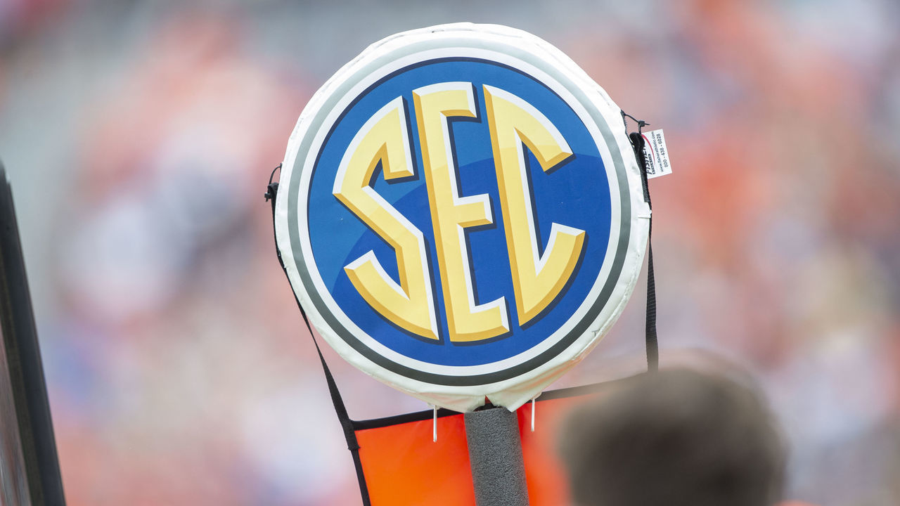 AUBURN, ALABAMA - SEPTEMBER 11: General view of the SEC logo during the matchup between the Auburn Tigers and the Alabama State Hornets at Jordan-Hare Stadium on September 11, 2021 in Auburn, Alabama.