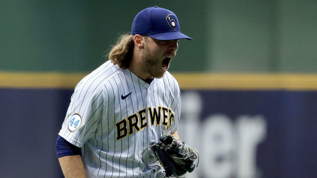 MILWAUKEE, WISCONSIN - SEPTEMBER 18: Corbin Burnes #39 of the Milwaukee Brewers reacts after striking out a batter during the second inning in the game against the Chicago Cubs at American Family Field on September 18, 2021 in Milwaukee, Wisconsin.