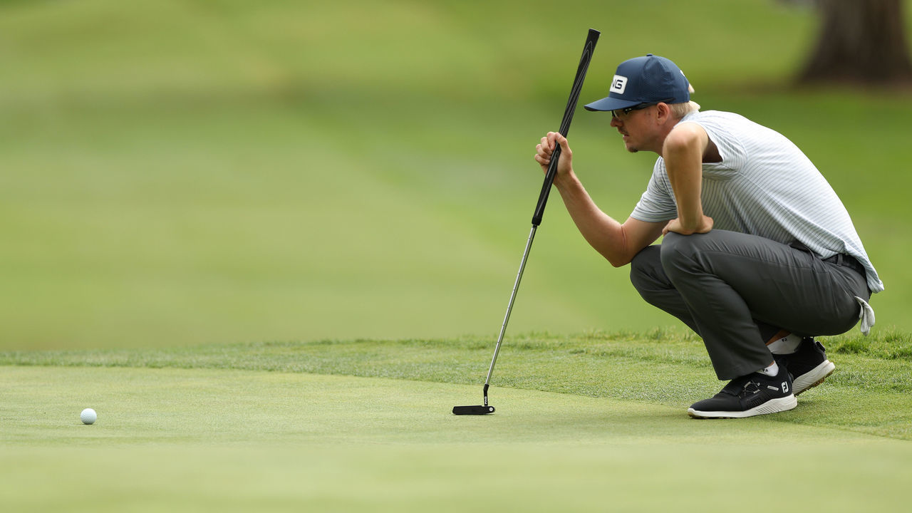 NAPA, CALIFORNIA - SEPTEMBER 18: Jim Knous lines up his putt on the 12th hole during round three of the Fortinet Championship at Silverado Resort and Spa on September 18, 2021 in Napa, California.