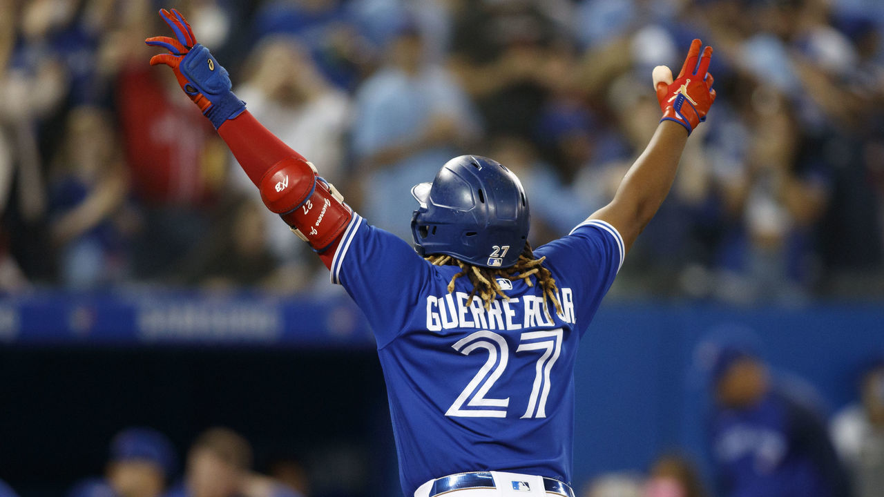 TORONTO, ON - SEPTEMBER 17: Vladimir Guerrero Jr. #27 of the Toronto Blue Jays celebrates a solo home run in the third inning of their MLB game against the Minnesota Twins at Rogers Centre on September 17, 2021 in Toronto, Ontario.