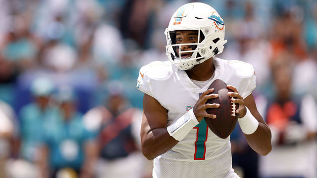 MIAMI GARDENS, FLORIDA - SEPTEMBER 19: Quarterback Tua Tagovailoa #1 of the Miami Dolphins looks to make a pass play against the Buffalo Bills in the first half of the game at Hard Rock Stadium on September 19, 2021 in Miami Gardens, Florida.