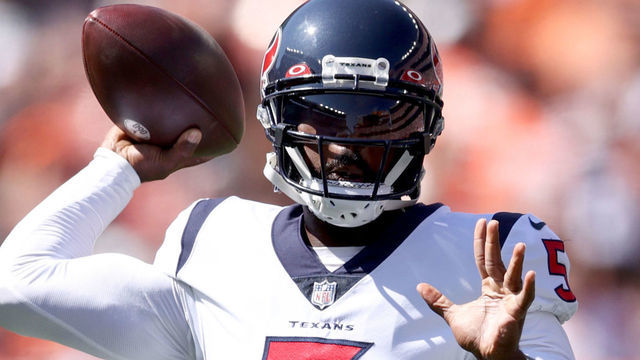 CLEVELAND, OHIO - SEPTEMBER 19: Quarterback Tyrod Taylor #5 of the Houston Texans throws the ball during the first half in the game against the Cleveland Browns at FirstEnergy Stadium on September 19, 2021 in Cleveland, Ohio.