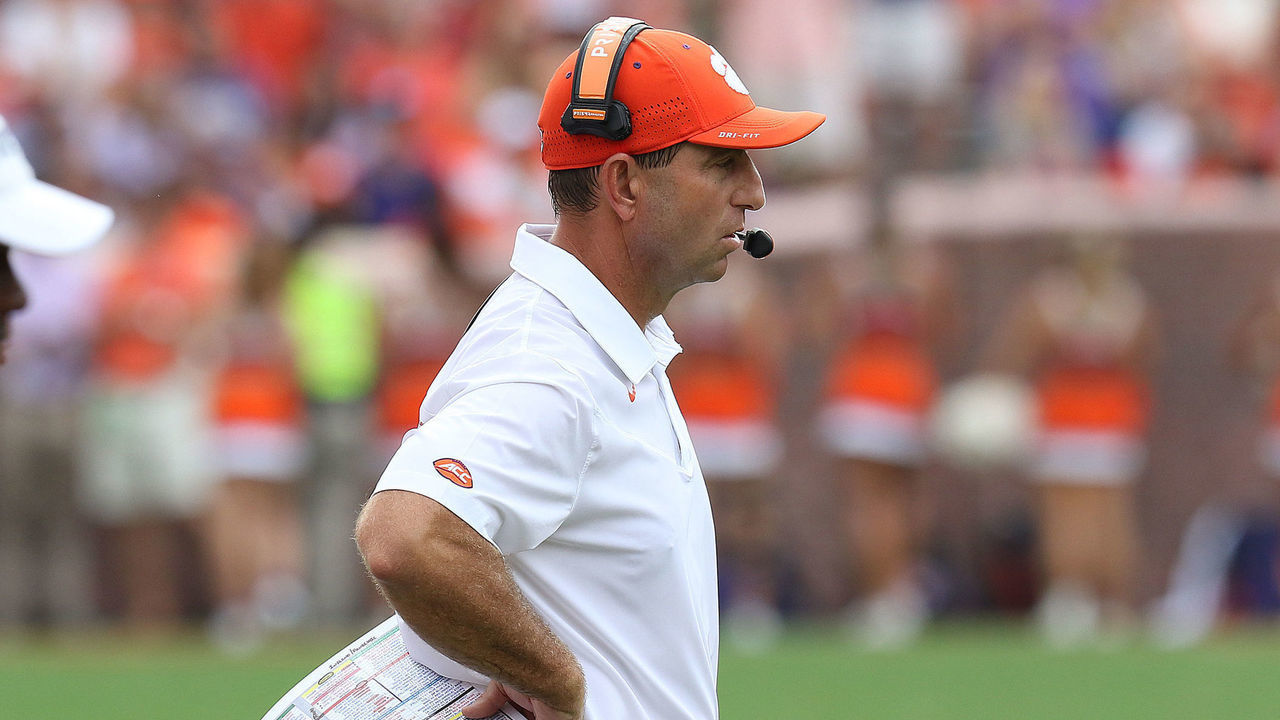 CLEMSON, SC - SEPTEMBER 18: Dabo Swinney head coach of Clemson on the sidelines during a college football game between the Georgia State Yellow Jackets and the Clemson Tigers on September 18, 2021, at Clemson Memorial Stadium in Clemson, S.C.