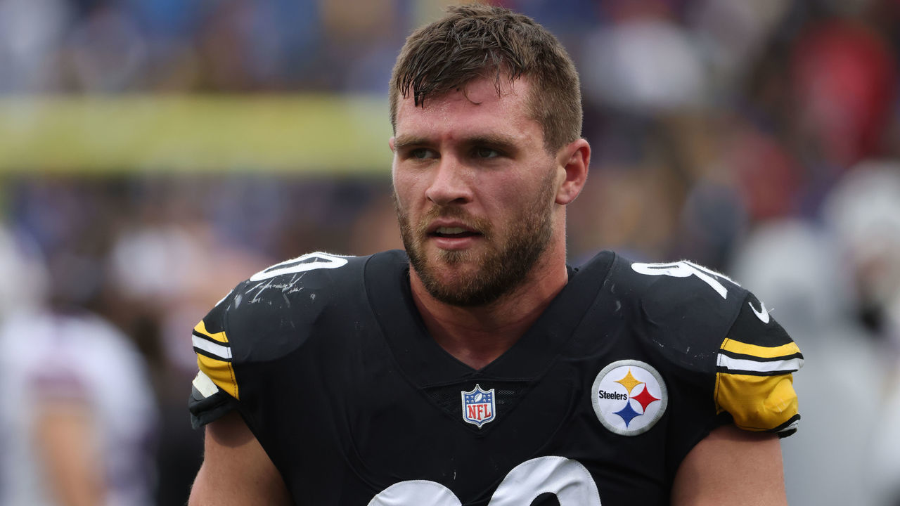 ORCHARD PARK, NY - SEPTEMBER 12: T.J. Watt #90 of the Pittsburgh Steelers walks off the field after a game against the Buffalo Bills at Highmark Stadium on September 12, 2021 in Orchard Park, New York.
