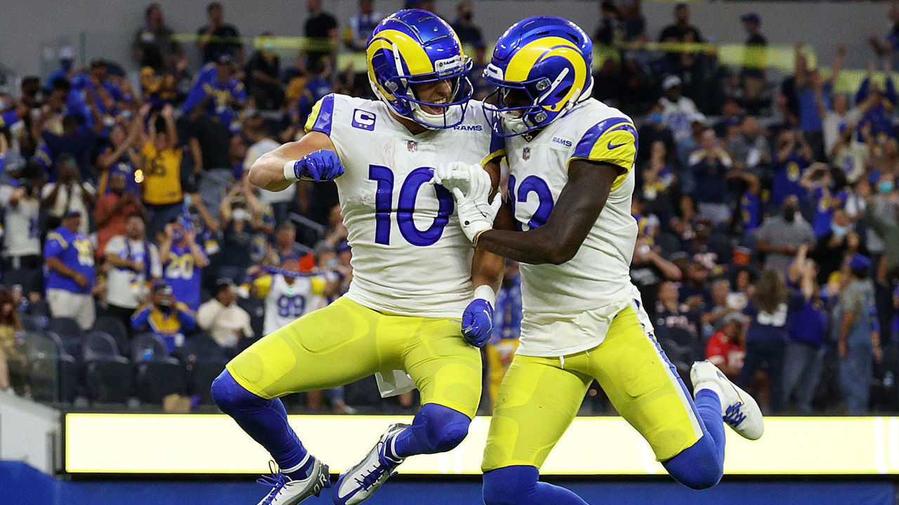 INGLEWOOD, CALIFORNIA - SEPTEMBER 12: Cooper Kupp #10 of the Los Angeles Rams celebrates a touchdown with Van Jefferson #12 following a touchdown during the second half against the Chicago Bears at SoFi Stadium on September 12, 2021 in Inglewood, California.