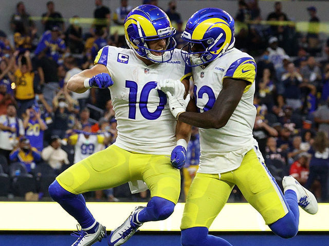 INGLEWOOD, CALIFORNIA - SEPTEMBER 12: Cooper Kupp #10 of the Los Angeles Rams celebrates a touchdown with Van Jefferson #12 following a touchdown during the second half against the Chicago Bears at SoFi Stadium on September 12, 2021 in Inglewood, California.