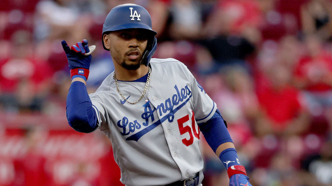 CINCINNATI, OHIO - SEPTEMBER 17: Mookie Betts #50 of the Los Angeles Dodgers celebrates after hitting a double in the first inning against the Cincinnati Reds at Great American Ball Park on September 17, 2021 in Cincinnati, Ohio.