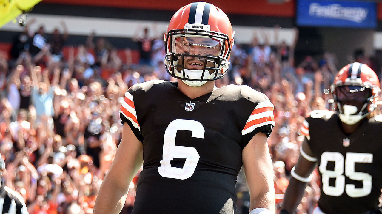 CLEVELAND, OHIO - SEPTEMBER 19: Quarterback Baker Mayfield #6 of the Cleveland Browns celebrates after running for a touchdown during the first half in the game against the Houston Texans at FirstEnergy Stadium on September 19, 2021 in Cleveland, Ohio.