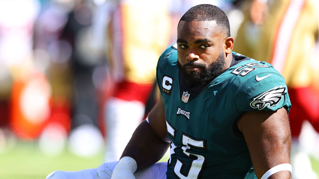 PHILADELPHIA, PENNSYLVANIA - SEPTEMBER 19: Defensive end Brandon Graham #55 of the Philadelphia Eagles is inured during the first half in the game against the San Francisco 49ers at Lincoln Financial Field on September 19, 2021 in Philadelphia, Pennsylvania.