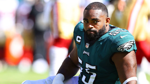 PHILADELPHIA, PENNSYLVANIA - SEPTEMBER 19: Defensive end Brandon Graham #55 of the Philadelphia Eagles is inured during the first half in the game against the San Francisco 49ers at Lincoln Financial Field on September 19, 2021 in Philadelphia, Pennsylvania.