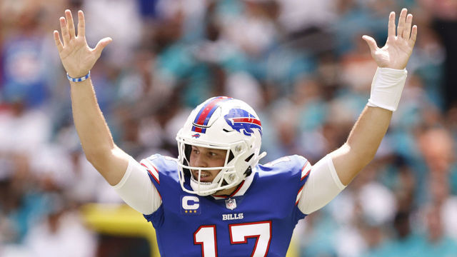 MIAMI GARDENS, FLORIDA - SEPTEMBER 19: Josh Allen #17 of the Buffalo Bills celebrates after a rushing touchdown by Devin Singletary #26 (not pictured) during the first quarter against the Miami Dolphins at Hard Rock Stadium on September 19, 2021 in Miami Gardens, Florida.
