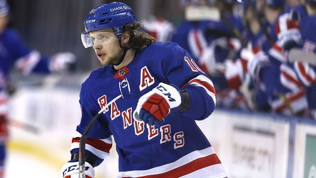 NEW YORK, NEW YORK - APRIL 22: Artemi Panarin #10 of the New York Rangers celebrates his goal in the third period against the Philadelphia Flyers at Madison Square Garden on April 22, 2021 in New York City.The Philadelphia Flyers defeated the New York Rangers 3-2.