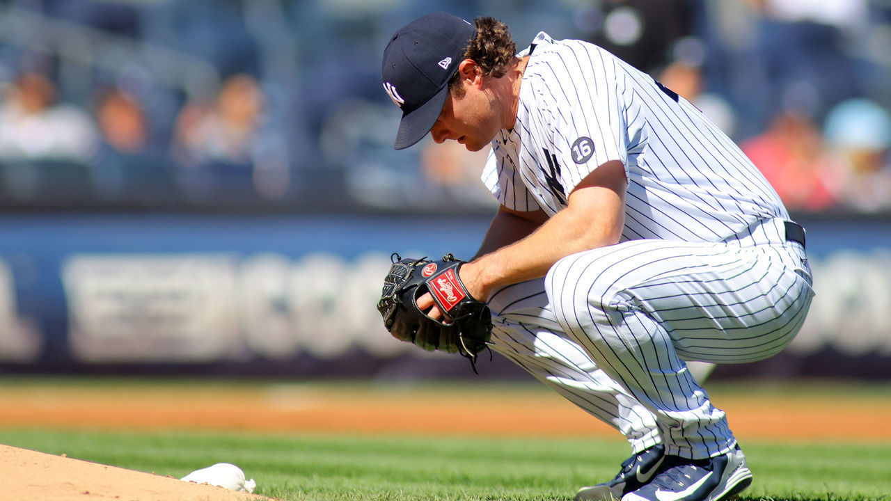 NEW YORK, NEW YORK - SEPTEMBER 19: Gerrit Cole #45 of the New York Yankees reacts during the \third inning against the Cleveland Indians at Yankee Stadium on September 19, 2021 in New York City.