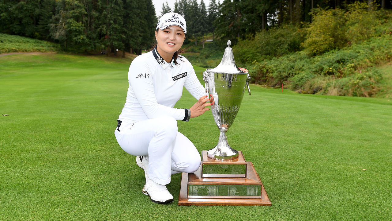 PORTLAND, OREGON - SEPTEMBER 19: Jin Young Ko of the Republic of Korea poses with the trophy after winning the Cambia Portland Classic at the Oregon Golf Club on September 19, 2021 in Portland, Oregon.