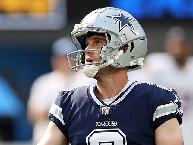 INGLEWOOD, CALIFORNIA - SEPTEMBER 19: Kicker Greg Zuerlein #2 of the Dallas Cowboys kicks a FG in the fourth quarter to put the Cowboys up 17-14 in the game against the Los Angeles Chargers at SoFi Stadium on September 19, 2021 in Inglewood, California.