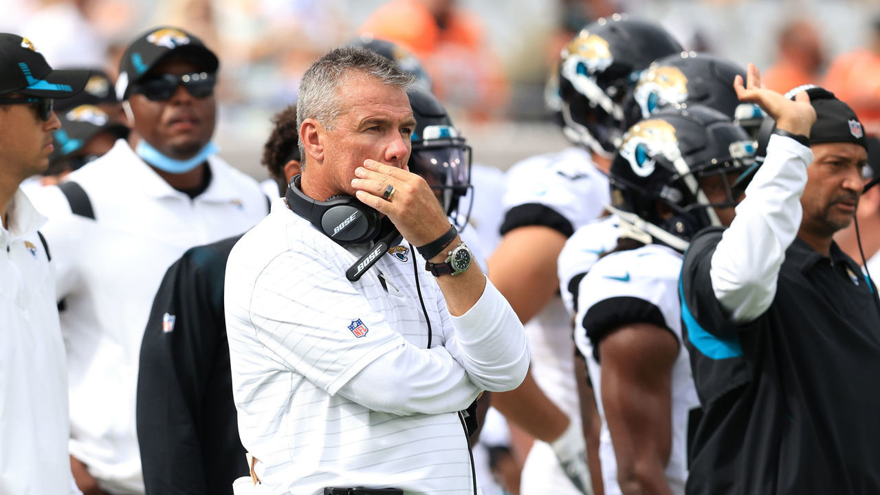JACKSONVILLE, FLORIDA - SEPTEMBER 19: Head coach Urban Meyer of the Jacksonville Jaguars looks on during the fourth quarter against the Denver Broncos at TIAA Bank Field on September 19, 2021 in Jacksonville, Florida.