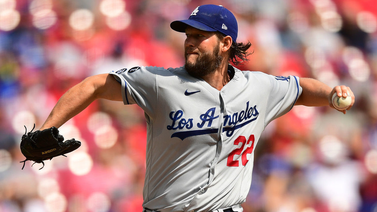 CINCINNATI, OHIO - SEPTEMBER 19: Clayton Kershaw #22 of the Los Angeles Dodgers pitches in the first inning during their game against the Cincinnati Reds at Great American Ball Park on September 19, 2021 in Cincinnati, Ohio.
