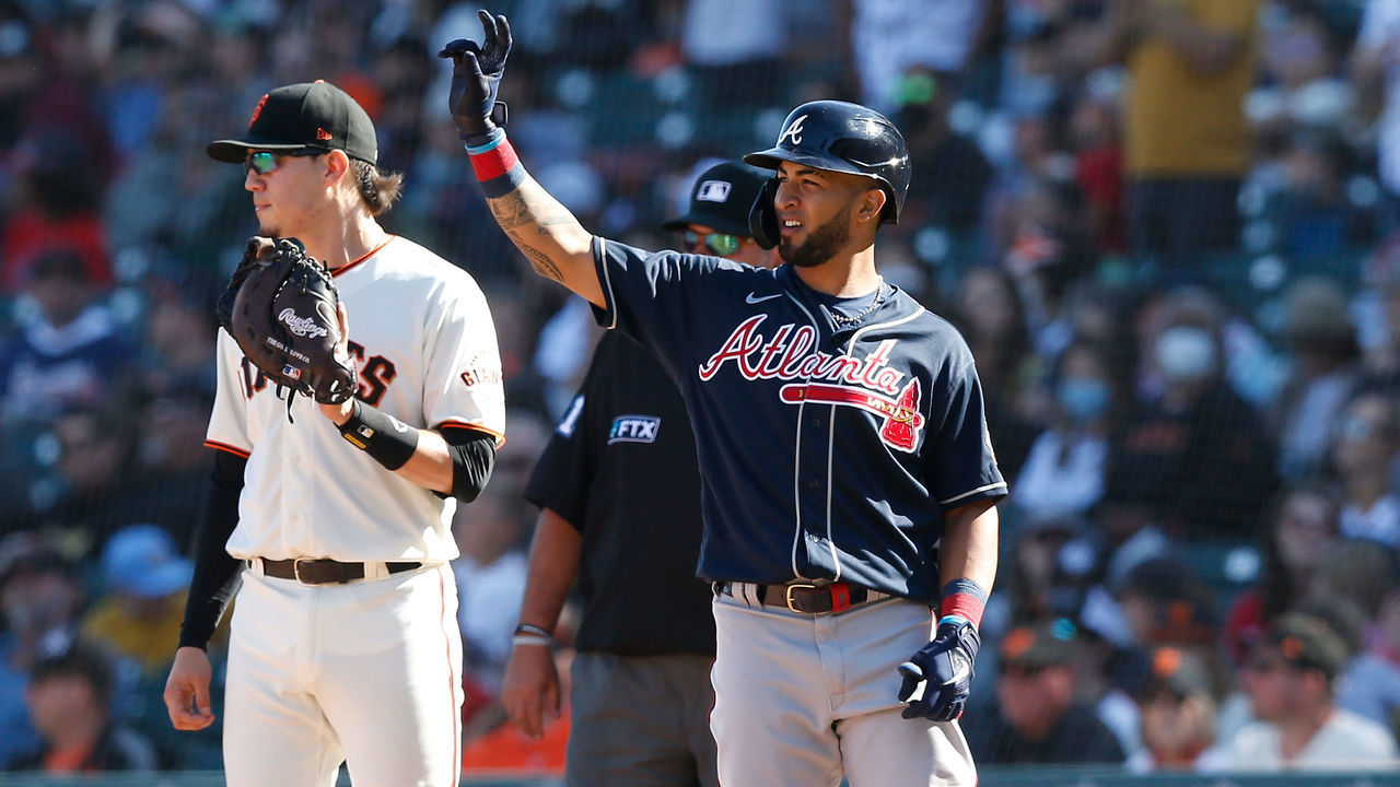 SAN FRANCISCO, CALIFORNIA - SEPTEMBER 19: Eddie Rosario #8 of the Atlanta Braves calls for the ball after hitting a single in the top of the ninth inning to complete the cycle against the San Francisco Giants at Oracle Park on September 19, 2021 in San Francisco, California.