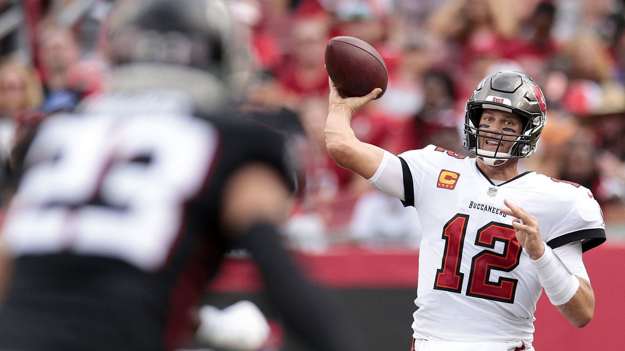 TAMPA, FLORIDA - SEPTEMBER 19: Quarterback Tom Brady #12 of the Tampa Bay Buccaneers makes a pass play in the second quarter of the game against the Atlanta Falcons at Raymond James Stadium on September 19, 2021 in Tampa, Florida.