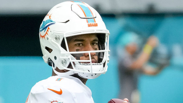 MIAMI GARDENS, FL - SEPTEMBER 19: Miami Dolphins quarterback Tua Tagovailoa (1) before the NFL Football match between the Miami Dolphins and Buffalo Bills on September 19th, 2021 at Hard Rock Stadium in Miami, FL.