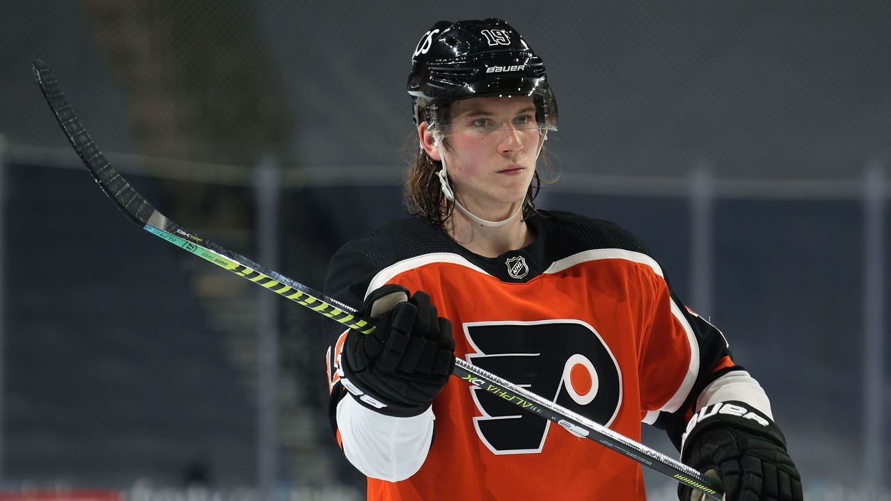 PHILADELPHIA, PA - FEBRUARY 24: Nolan Patrick #19 of the Philadelphia Flyers looks on during a stoppage in play against the New York Rangers at the Wells Fargo Center on February 24, 2021 in Philadelphia, Pennsylvania.