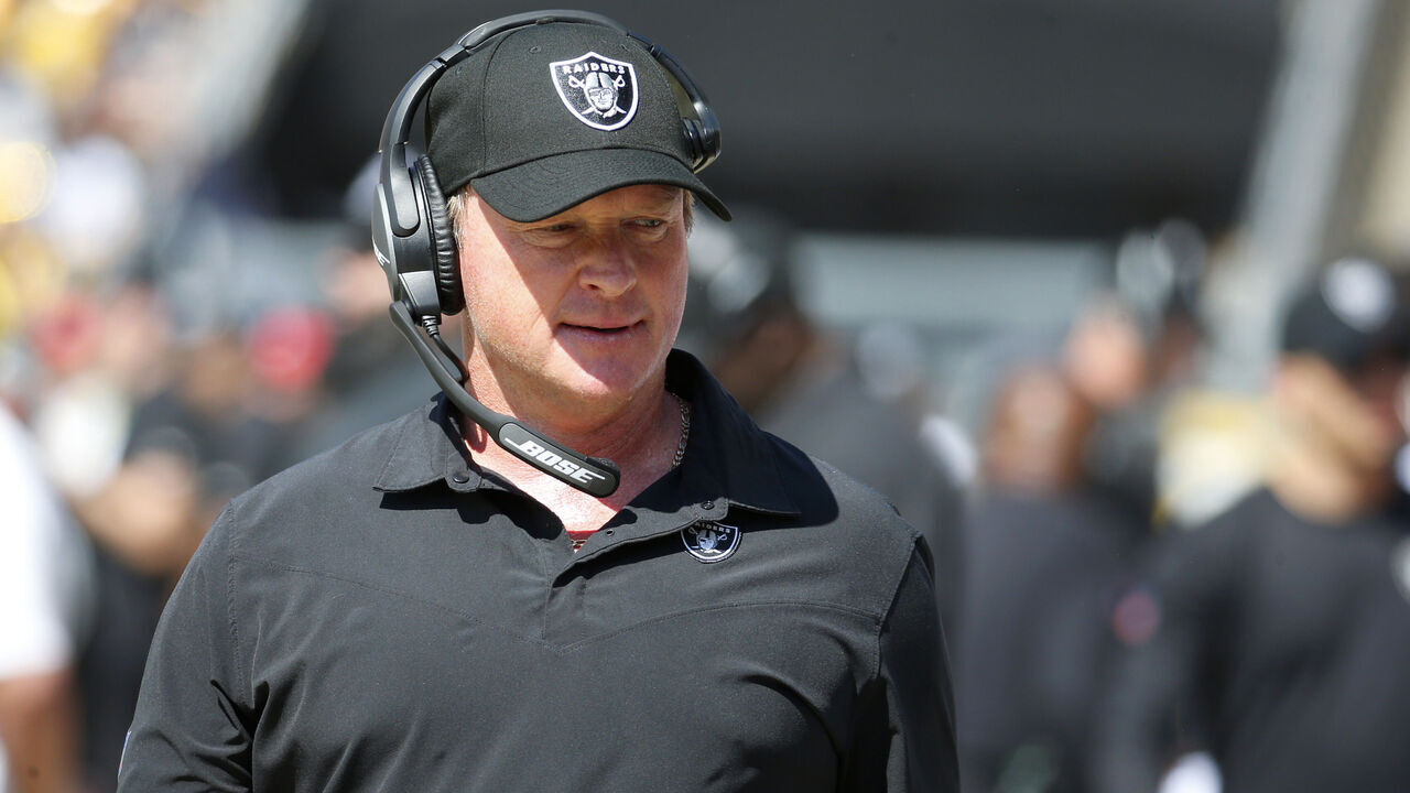 PITTSBURGH, PENNSYLVANIA - SEPTEMBER 19: Head coach Jon Gruden of the Las Vegas Raiders looks on in the game against the Pittsburgh Steelers at Heinz Field on September 19, 2021 in Pittsburgh, Pennsylvania.