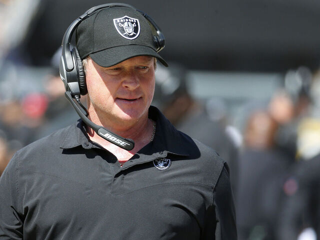 PITTSBURGH, PENNSYLVANIA - SEPTEMBER 19: Head coach Jon Gruden of the Las Vegas Raiders looks on in the game against the Pittsburgh Steelers at Heinz Field on September 19, 2021 in Pittsburgh, Pennsylvania.
