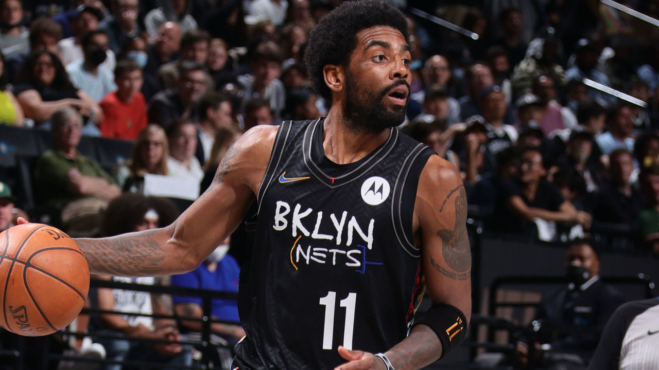 BROOKLYN, NY - JUNE 7: Kyrie Irving #11 of the Brooklyn Nets dribbles the ball against the Milwaukee Bucks during Round 2, Game 2 of the 2021 NBA Playoffs on June 7, 2021 at Barclays Center in Brooklyn, New York. Mandatory Copyright Notice: Copyright 2021 NBAE