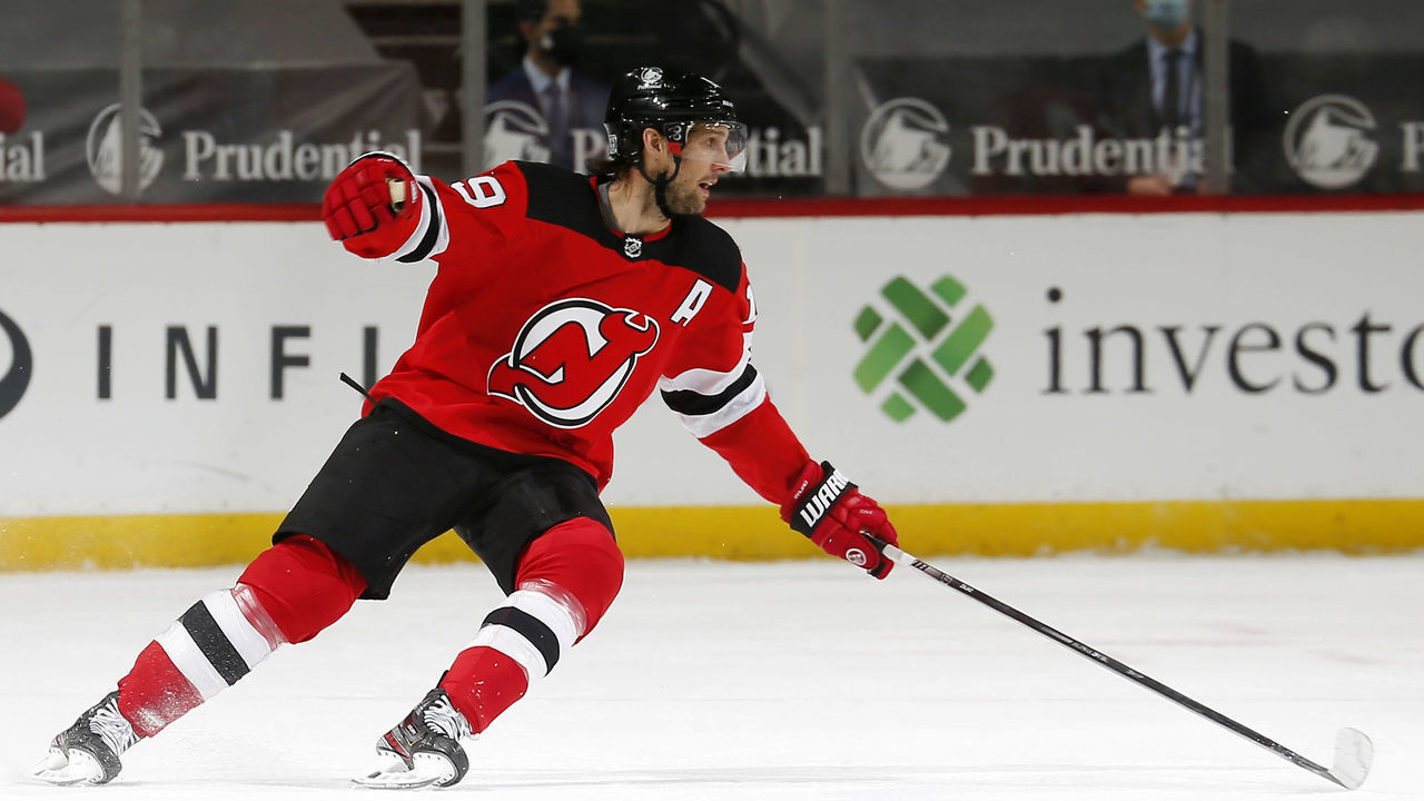 NEWARK, NJ - FEBRUARY 23: Travis Zajac #19 of the New Jersey Devils skates during the first period against the Buffalo Sabres on February 23, 2021 at the Prudential Center in Newark, New Jersey.