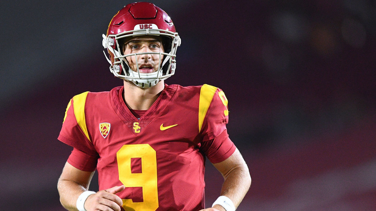 LOS ANGELES, CA - SEPTEMBER 11: USC Trojans quarterback Kedon Slovis (9) looks on during a college football game between the Stanford Cardinal and the USC Trojans on September 11, 2021, at Los Angeles Memorial Coliseum in Los Angeles, CA.