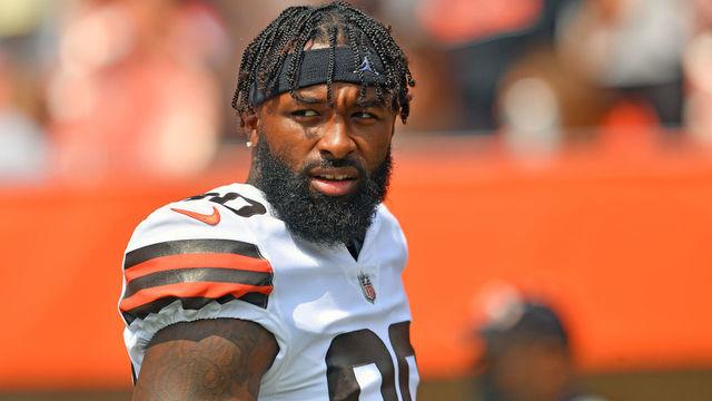 CLEVELAND, OHIO - AUGUST 22: Wide receiver Jarvis Landry #80 of the Cleveland Browns walks onto the field during player introductions prior to the game against the New York Giants at FirstEnergy Stadium on August 22, 2021 in Cleveland, Ohio.