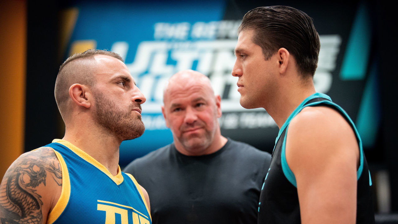LAS VEGAS, NEVADA - MAY 20: (L-R) Alexander Volkanovski and Brian Ortega face off during the filming of The Return of The Ultimate Fighter at UFC APEX on May 20, 2021 in Las Vegas, Nevada.