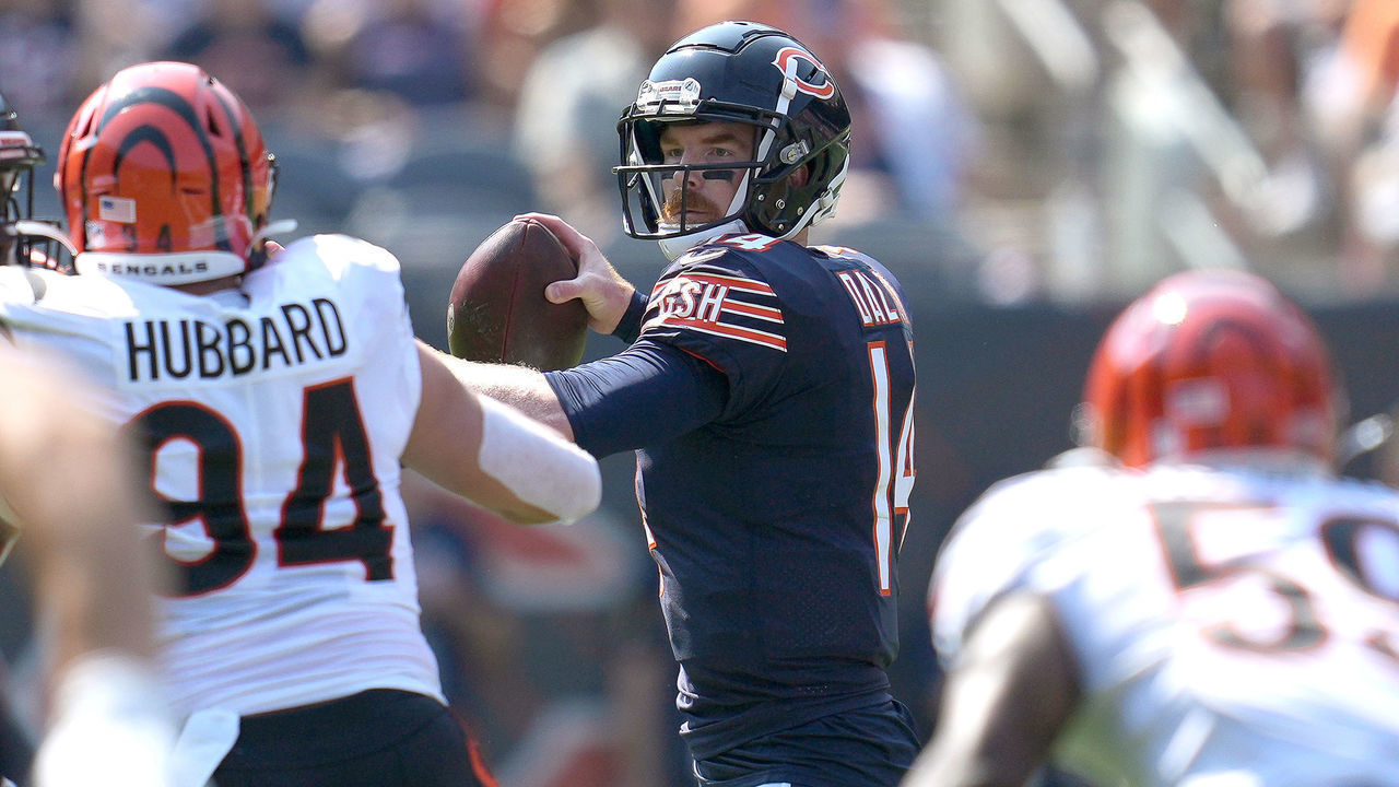 CHICAGO, IL - SEPTEMBER 19: Chicago Bears Quarterback Andy Dalton (14) looks to throw the football during a game between the Cincinnati Bengals and the Chicago Bears on September 19, 2021 at Soldier Field in Chicago, IL.