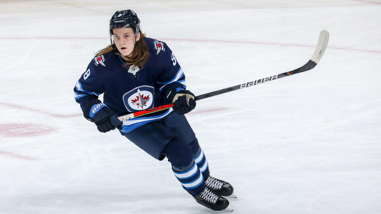 WINNIPEG, MB - FEBRUARY 4: Sami Niku #8 of the Winnipeg Jets keeps an eye on the play during first period action against the Nashville Predators at the Bell MTS Place on February 4, 2020 in Winnipeg, Manitoba, Canada. The Preds defeated the Jets 2-1 in overtime.