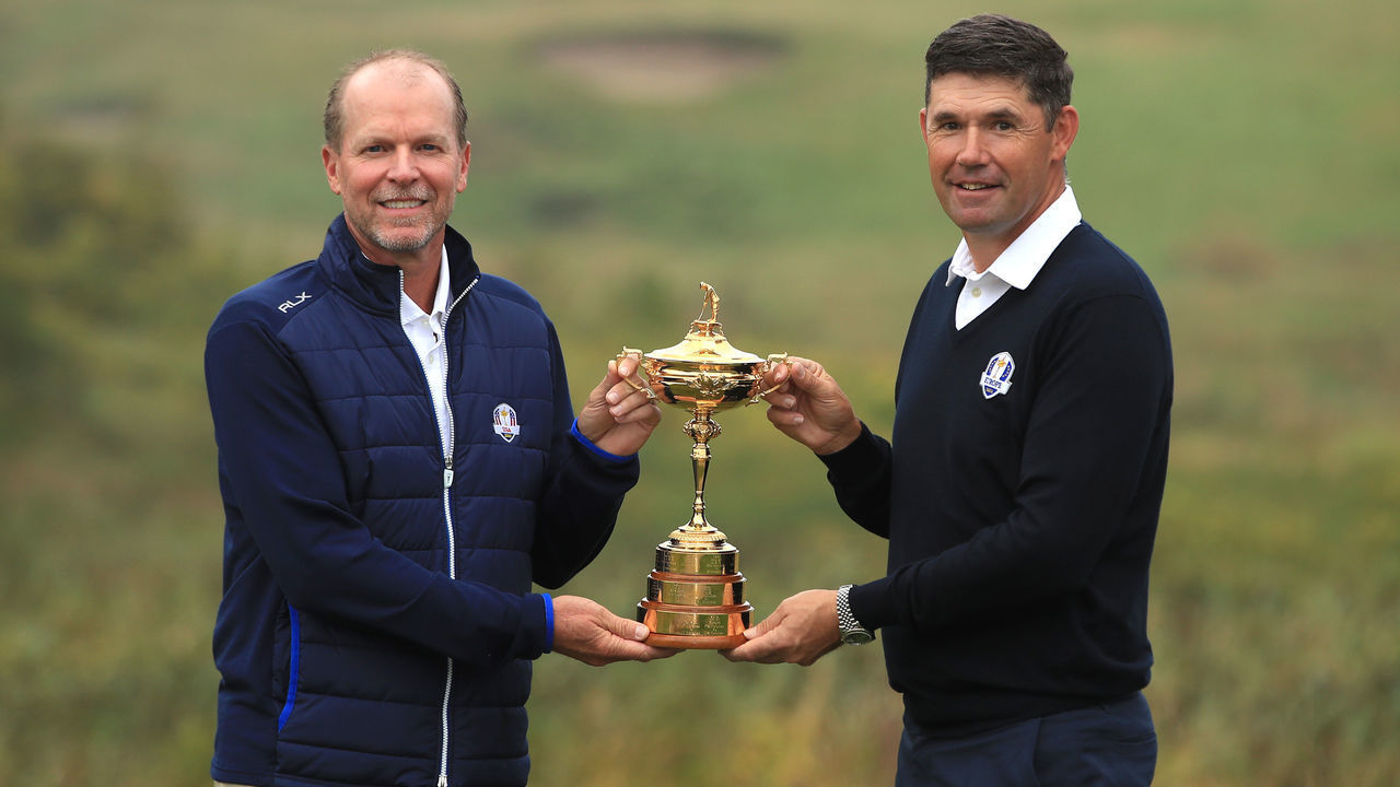 KOHLER, WISCONSIN - OCTOBER 01: United States Captain Steve Stricker (L) and European Captain Padraig Harrington pose with the Ryder Cup during the Ryder Cup 2020 Year to Go media event at Whistling Straits Golf Course on October 1, 2019 in Kohler, United States.