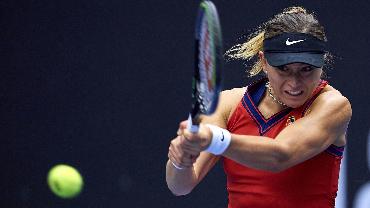 OSTRAVA, CZECH REPUBLIC - SEPTEMBER 20: Paula Badosa of Spain plays a backhand in her Round of 32 Singles match against Varvara Gracheva of Russia during Day 1 of the J&T Banka Ostrava Open 2021 on September 20, 2021 in Ostrava, Czech Republic.