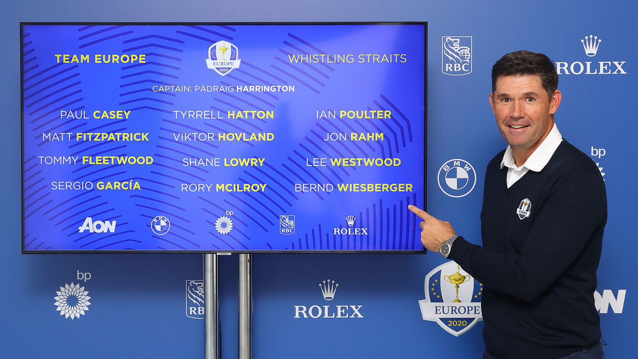 VIRGINIA WATER, ENGLAND - SEPTEMBER 12: Team Europe Ryder Cup Captain Padraig Harrington pictured with his captains pick during Day Four of The BMW PGA Championship at Wentworth Golf Club on September 12, 2021 in Virginia Water, England.