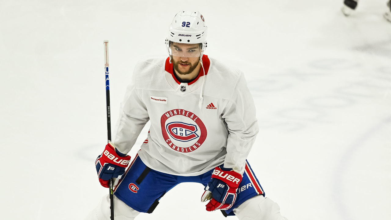 BROSSARD, QC - SEPTEMBER 17: Look on Montreal Canadiens Left Wing Jonathan Drouin (92) during the Montreal Canadiens Camp on September 17, 2021, at Bell Sports Complex in Brossard, QC