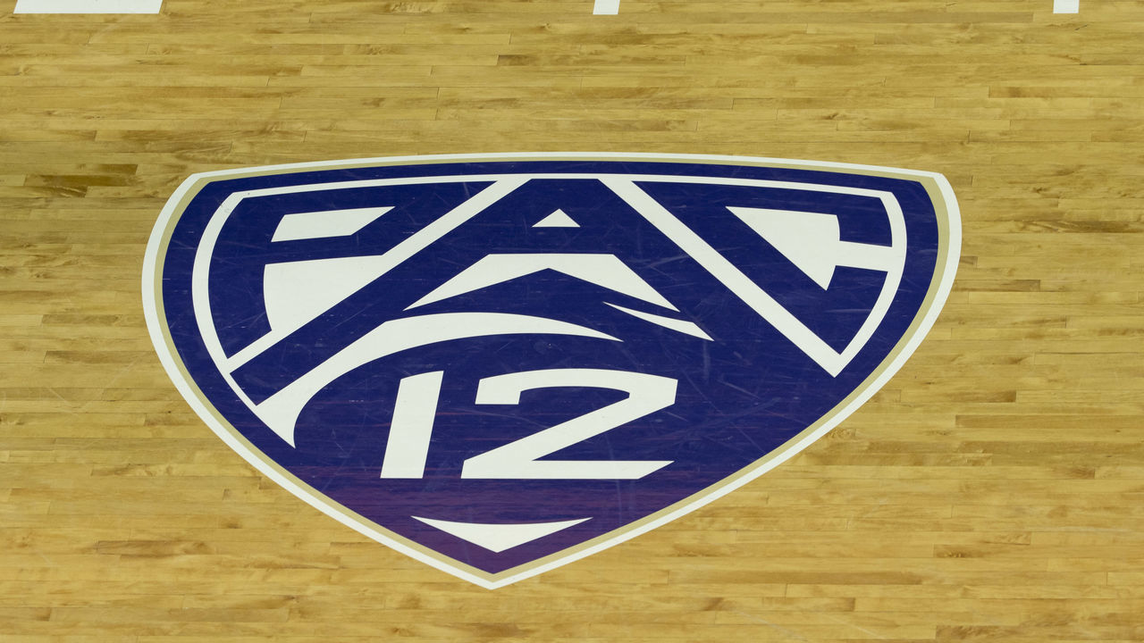 SEATTLE, WA - JANUARY 01: A general view of the PAC 12 logo on the court before a college basketball game between the Washington Huskies against the Cal State Fullerton Titans on January 01, 2019, at Alaska Airlines Arena at Hec Edmundson Pavilion in Seattle, WA.