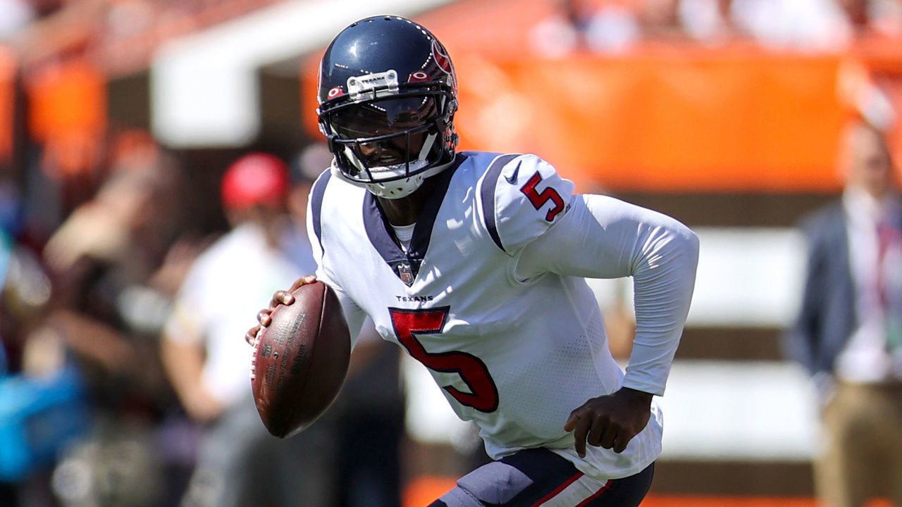 CLEVELAND, OH - SEPTEMBER 19: Houston Texans quarterback Tyrod Taylor (5) rolls out of the pocket during the first quarter of the the National Football League game between the Houston Texans and Cleveland Browns on September 19, 2021, at FirstEnergy Stadium in Cleveland, OH.
