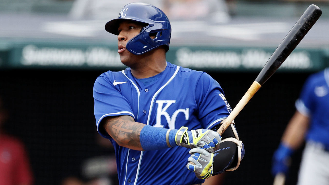 CLEVELAND, OH - SEPTEMBER 20: Salvador Perez #13 of the Kansas City Royals hits a single off Triston McKenzie #24 of the Cleveland Indians in the first inning during game one of a doubleheader at Progressive Field on September 20, 2021 in Cleveland, Ohio.