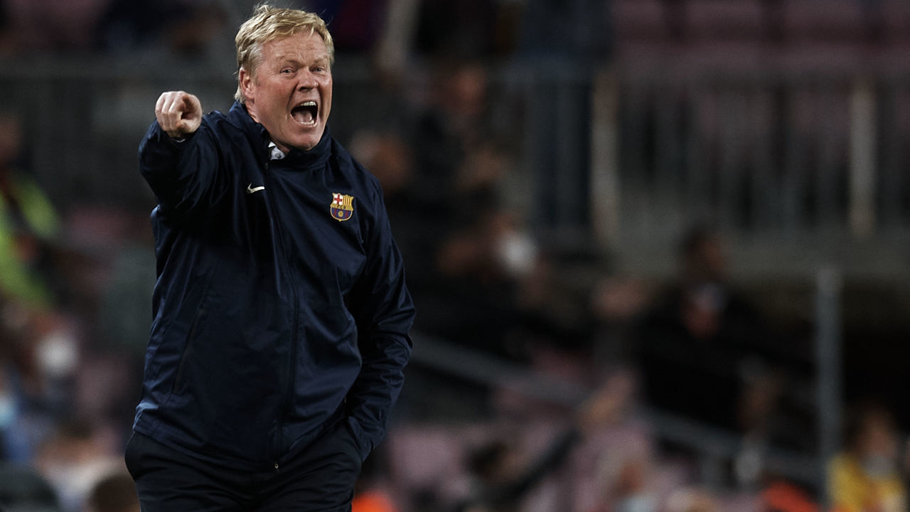 Ronald Koeman head coach of Barcelona gives instructions during the La Liga Santander match between FC Barcelona and Granada CF at Camp Nou on September 20, 2021 in Barcelona, Spain.