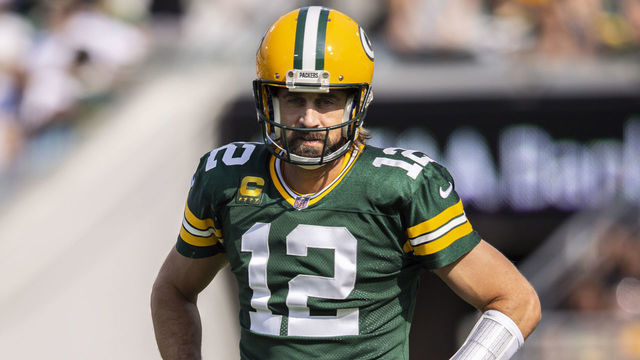 JACKSONVILLE, FLORIDA - SEPTEMBER 12: Aaron Rodgers #12 of the Green Bay Packers looks on during the first quarter of a game against the New Orleans Saints at TIAA Bank Field on September 12, 2021 in Jacksonville, Florida.