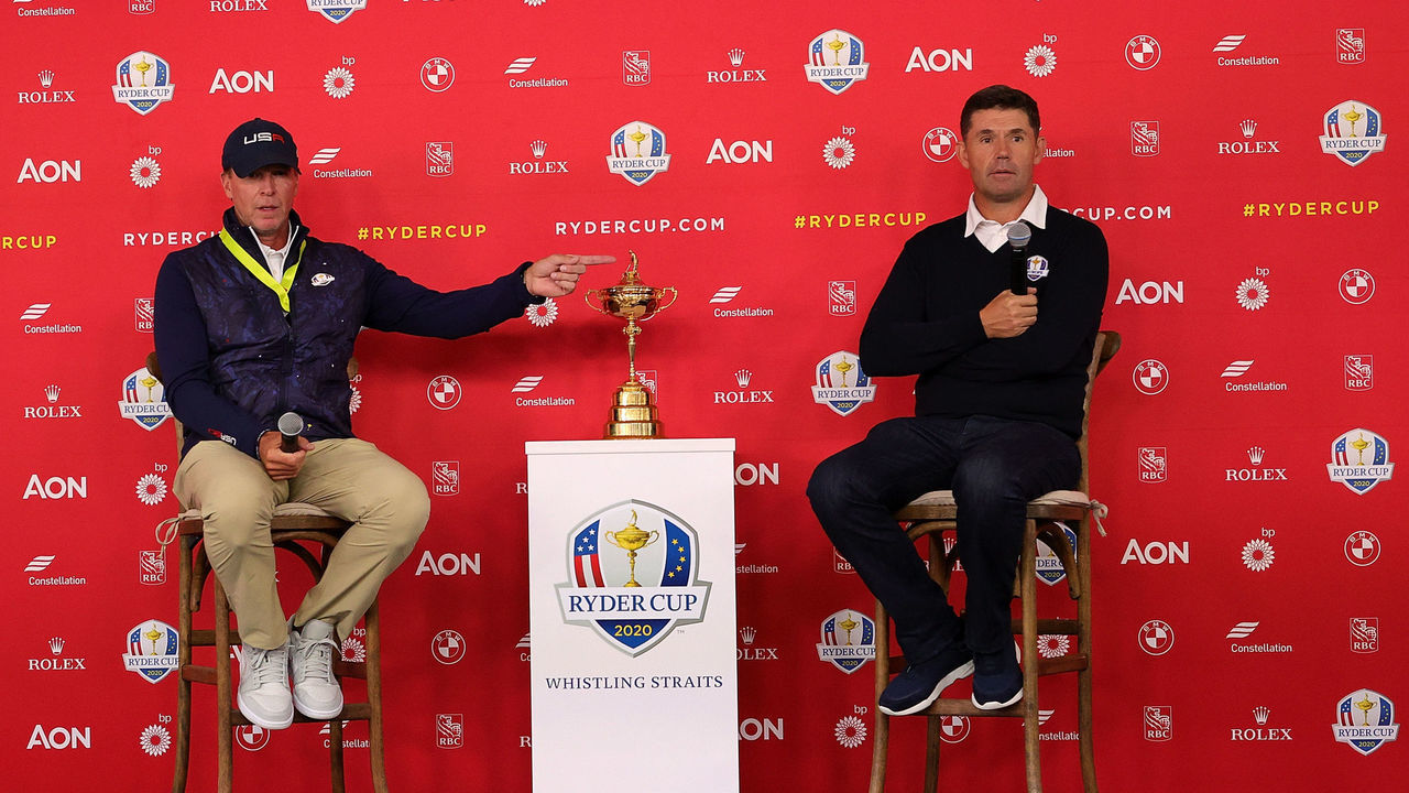 KOHLER, WISCONSIN - SEPTEMBER 20: U.S. Ryder Cup captain Steve Stricker and European Ryder Cup captain Padraig Harrington speak to the media prior to the start of the Ryder Cup at Whistling Straits on September 20, 2021 in Kohler, Wisconsin.
