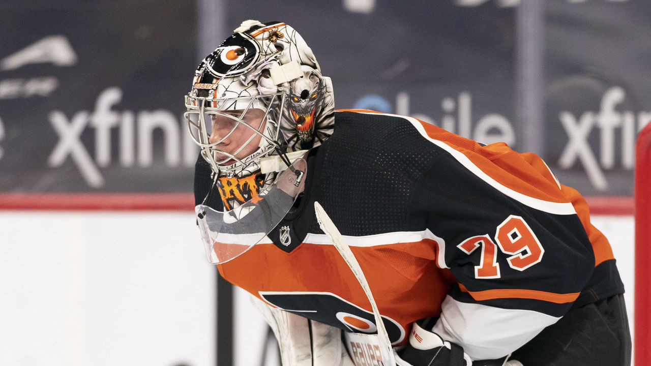 PHILADELPHIA, PA - MARCH 13: Philadelphia Flyers Goalie Carter Hart (79) during the third period of the National Hockey League game between the Washington Capitals and the Philadelphia Flyers on March 13,2021, at the Wells Fargo Center in Philadelphia, PA.