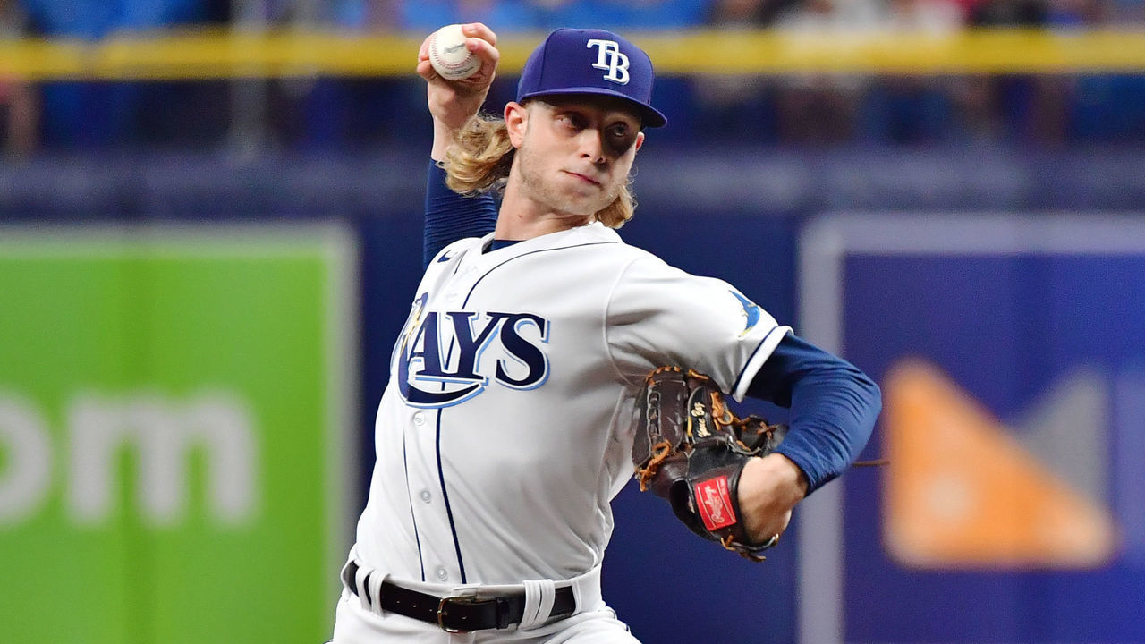 ST PETERSBURG, FLORIDA - SEPTEMBER 20: Shane Baz #11 of the Tampa Bay Rays delivers a pitch to the Toronto Blue Jays in the first inning at Tropicana Field on September 20, 2021 in St Petersburg, Florida.