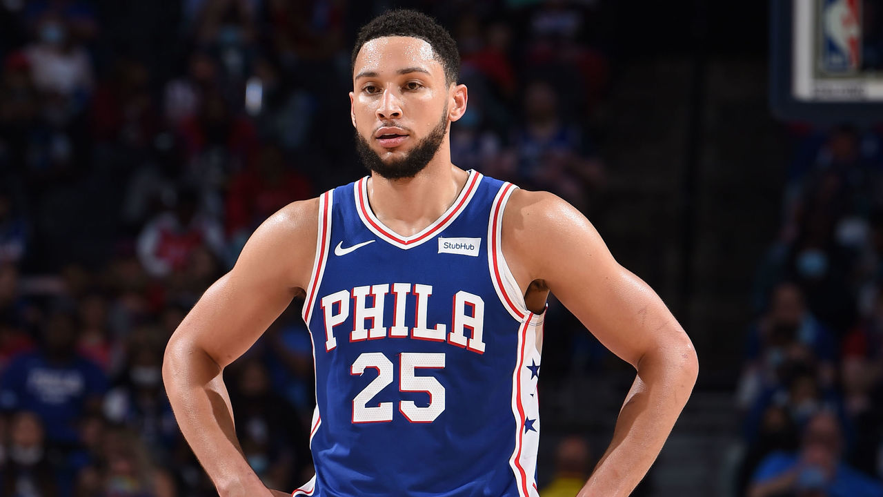 PHILADELPHIA, PA - JUNE 2: Ben Simmons #25 of the Philadelphia 76ers looks on during a game against the Washington Wizards during Round 1, Game 5 of the Eastern Conference Playoffs on June 2, 2021 at Wells Fargo Center in Philadelphia, Pennsylvania. NOTE TO USER: User expressly acknowledges and agrees that, by downloading and/or using this Photograph, user is consenting to the terms and conditions of the Getty Images License Agreement. Mandatory Copyright Notice: Copyright 2021 NBAE