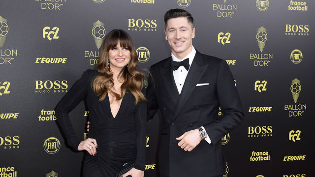 PARIS, FRANCE - DECEMBER 02: Robert Lewandowski (Poland / Bayern Munich) poses on the red carpet with his wife Anna Lewandowska during the Ballon D'Or Ceremony at Theatre Du Chatelet on December 02, 2019 in Paris, France.