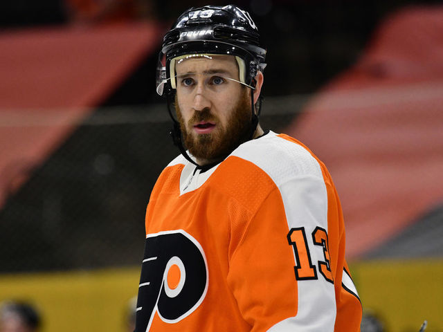 PHILADELPHIA, PA - MAY 04: Philadelphia Flyers Center Kevin Hayes (13) looks on in the first period during the game between the Pittsburgh Penguins and Philadelphia Flyers on May 04, 2021 at Wells Fargo Center in Philadelphia, PA.