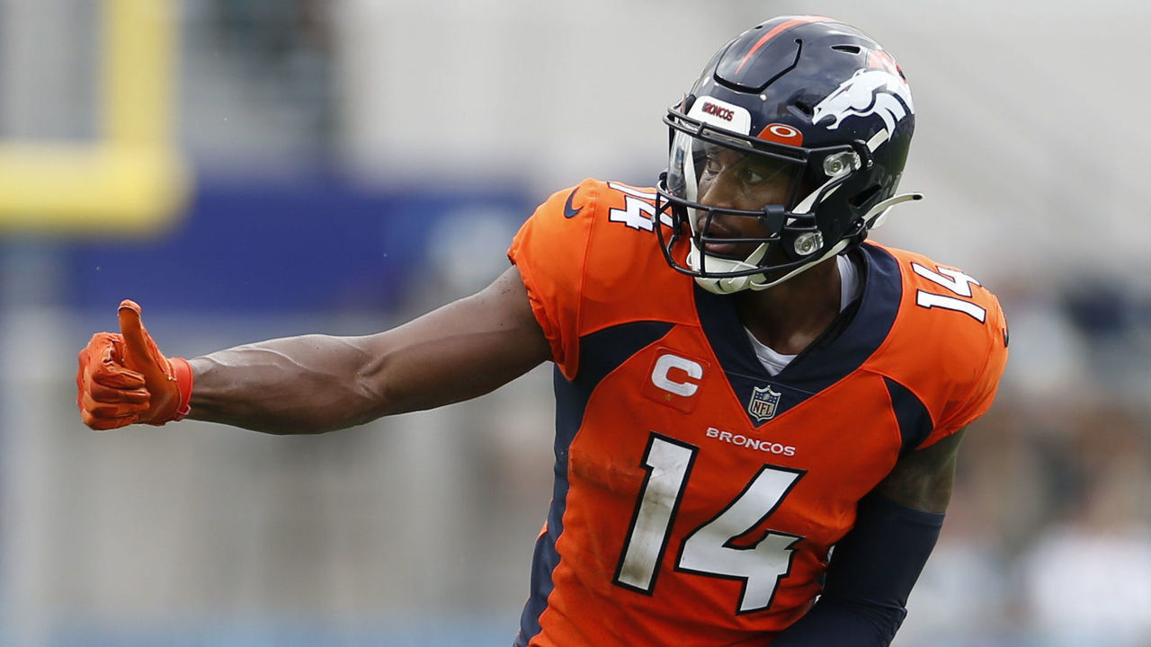 JACKSONVILLE, FL - SEPTEMBER 19: Denver Broncos wide receiver Courtland Sutton (14) during the game between the Denver Broncos and the Jacksonville Jaguars on September 19, 2021 at TIAA Bank Field in Jacksonville, Fl.